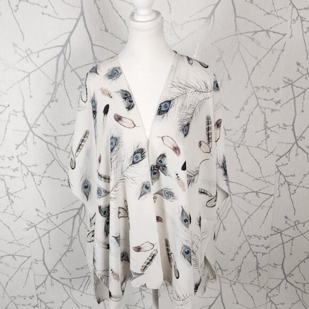 Eclipse White Peacock Feather Print Open Front Cardigan